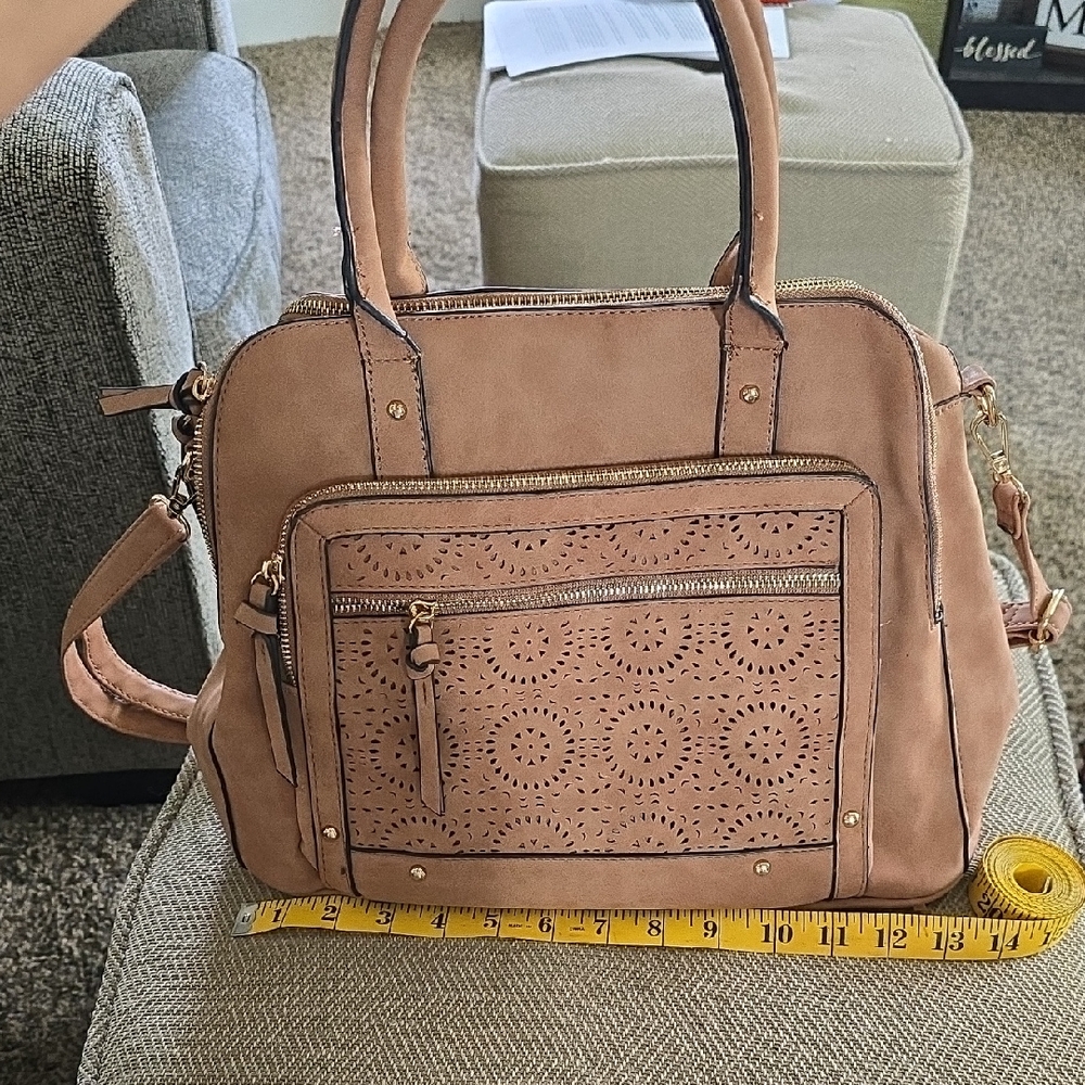 Chic Tan Satchel with Intricate Detailing